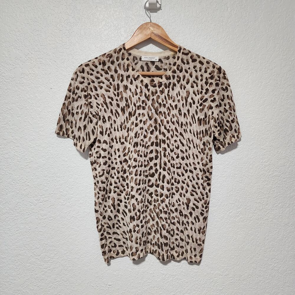 Equipment Femme Silk Leopard Print Short Sleeve Knit Blouse Top Medium